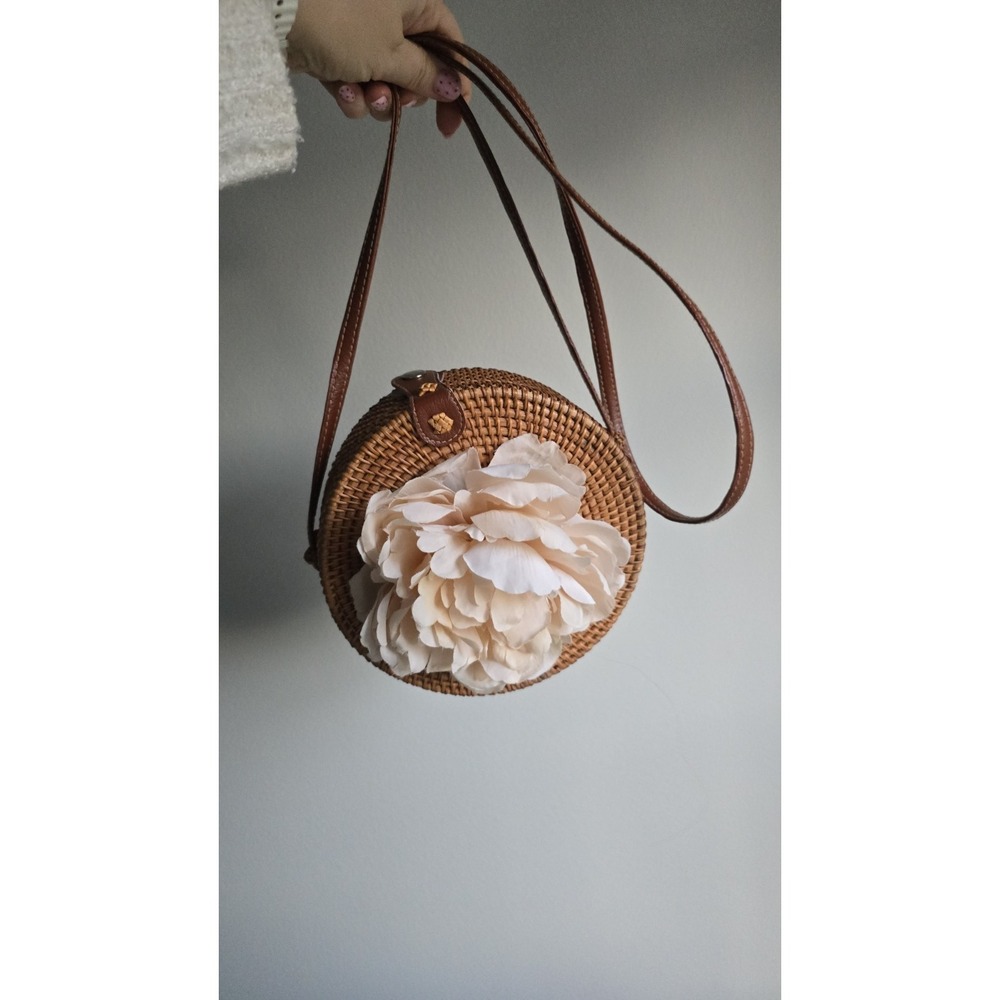 Handwoven round‎ rattan Bali crossbody bag with straps & decorated with flowers